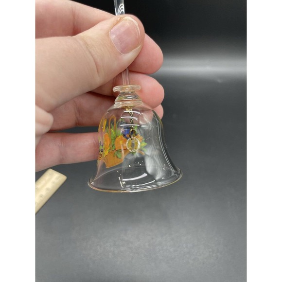 Vintage Clear Blown Glass Bell with Flowers Hand Painted Flowers In Basket - Picture 7 of 7